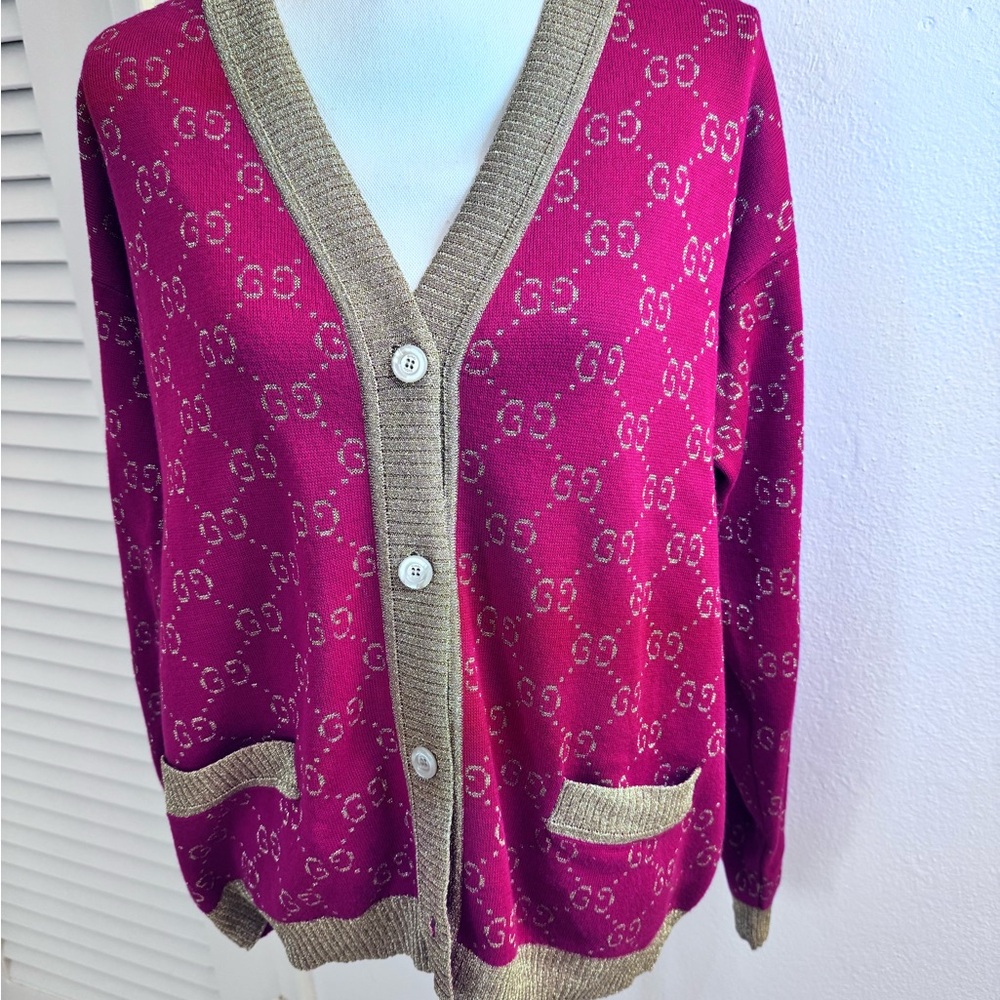Gucci red GG Jacquard Button-Front Cardigan with Gold Trim